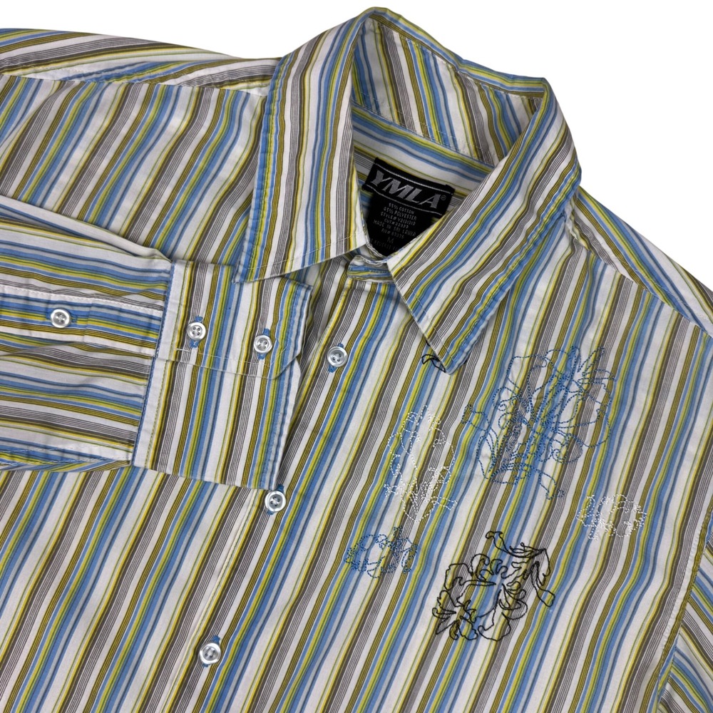 YMLA Men Striped Embroidered Long Sleeve Button Up Shirt Blue Green Cream Size M